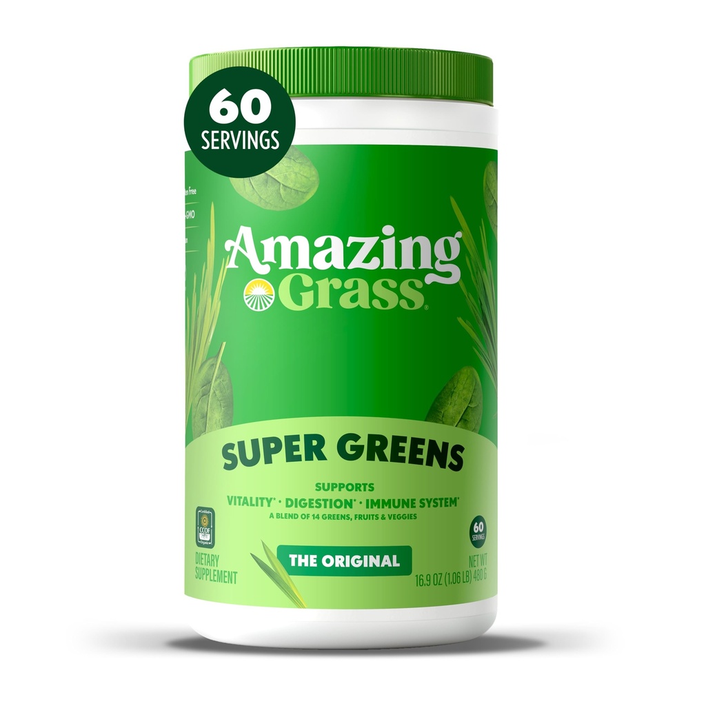 Amazing Grass Greens Misturar Superfood: Super Greens Pó com espirulina, chlorela, Raiz de beterraba em pó, enzimas digestivas, prebióticos e probióticos, Original, 60 Servings (Packaging May Vary)