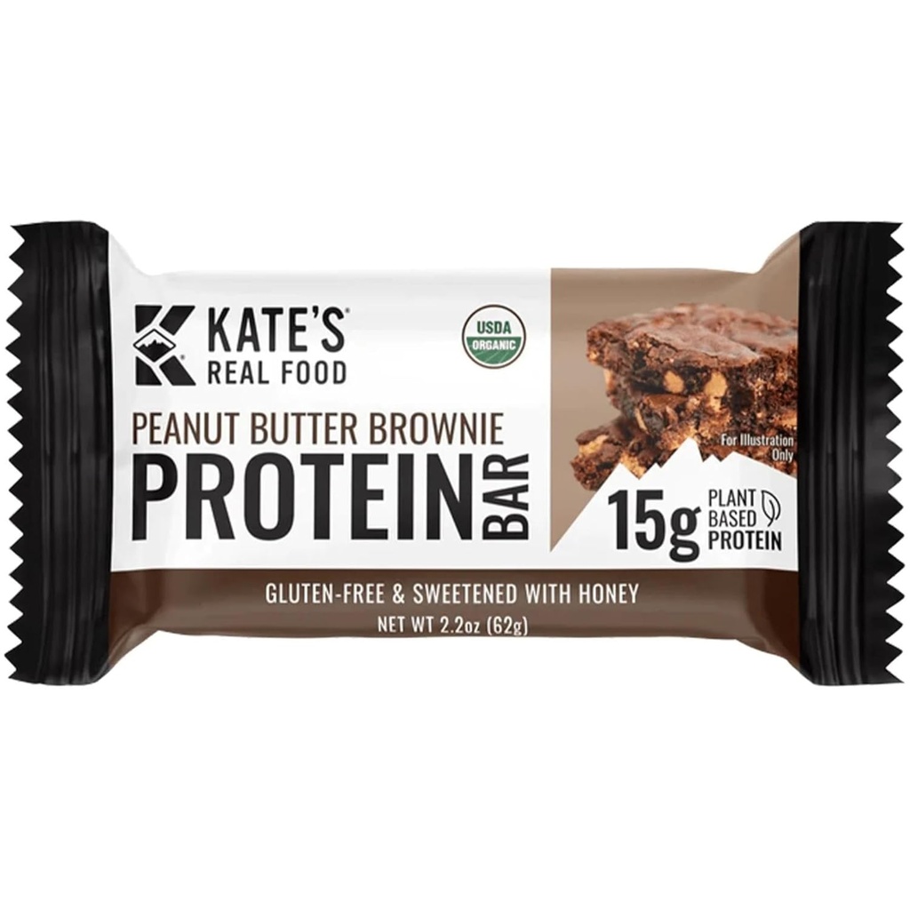 Barras de proteína orgânica de alimentos reais da Kate – (Peanut Butter Brownie, 2,2 onças, pacote de 12) – Barras de proteína baseadas em plantas - sem glúten, sem soja, sem OGM, grãos inteiros e todos naturais