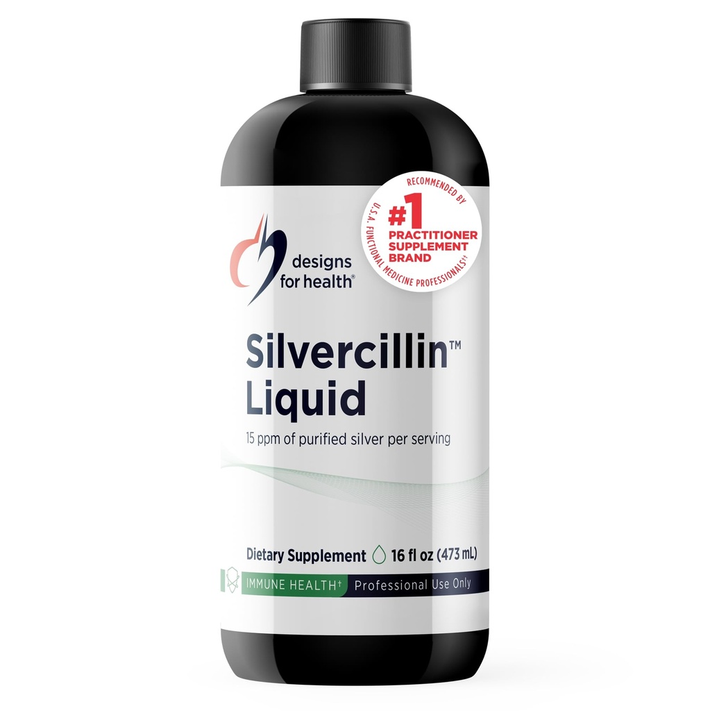 Designs para a saúde - Silvercillin Liquid, 15ppm Forma não tóxica de prata - Não-GMO GI + Imune Support Supplement (95 Servimentos / 16 onças)