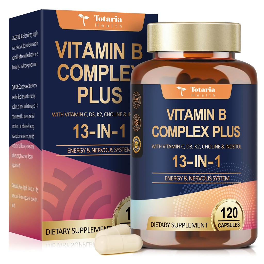 13-em-1 Vitamina B Complexo Plus com vitamina B1, B2, B3 (Niacinamida), B4, B5, B6, B7 (Biotina), B8 (Inositol), B9 (Folato), B12, C, D3, K2 - Energia, Nervo, Imune, Suporte da pele - 120 Cápsulas Vegan