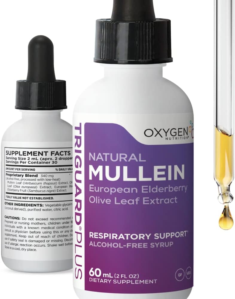 TriGuard MULLEIN Plus - Mullein Leaf Extract, Elderberry Extract & Olive Leaf Extract 2 fl oz Suporta Função Respiratória Saudável & Sistema Imuno