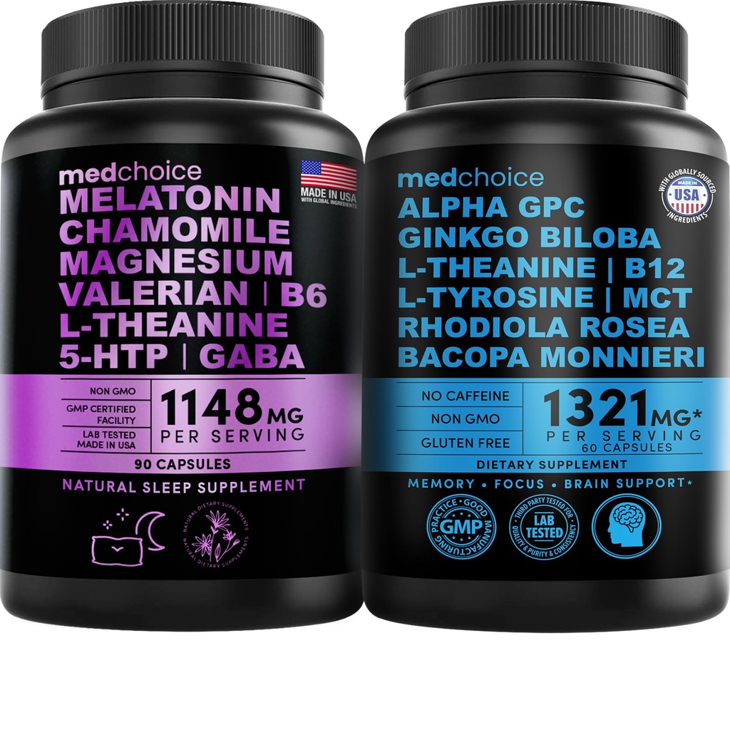 MEDCHOICE Sono Melatonina (90ct) e Nootrópico Cérebro (60ct) Suplemento Bundle - Duo Wellness para dormir, Cérebro, Foco, & Apoio ao humor - Vegan, Não-GMO, Gluten-Free