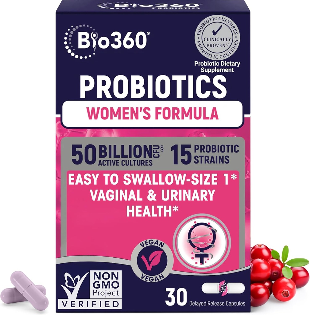 Bio360 Probióticos para a Saúde Vaginigal Mulheres - Suporta equilíbrio de pH, Vaginal, Urinário, & Saúde Digestiva - 50 bilhões UFC & 15 Strains exclusivos para saudável Odor vaginal & Flora vaginal - prateleira estável