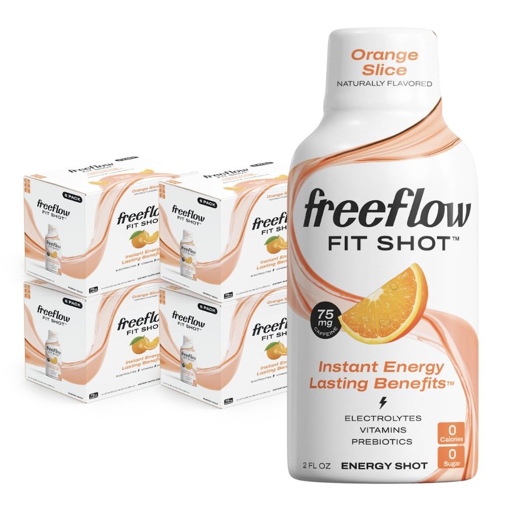 Freeflow Fit Energy Shots, Corte Laranja, Aumento Natural de Cafeína com L-teanina, Ginseng, Vitaminas, Prebióticos, Eletrolíticos (24 Count, 2 onças Shots)