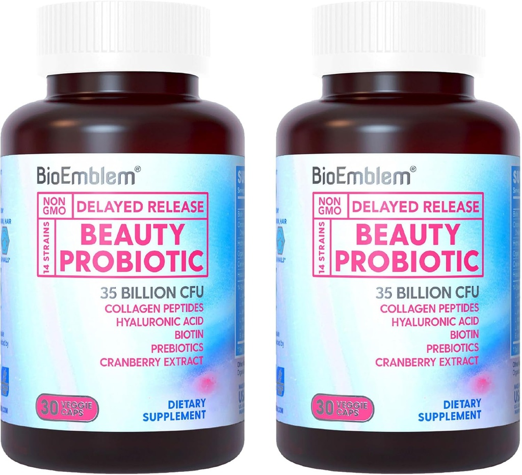 BioEmblem Beauty Probióticos para Mulheres, 35 bilhões de UFC 14 Strains com Biotina, Colágeno, Prebióticos para Saúde Digestiva, Pele de cabelo e unhas, Suplemento de Probióticos Vaginais, prateleira estável, 60 Caps