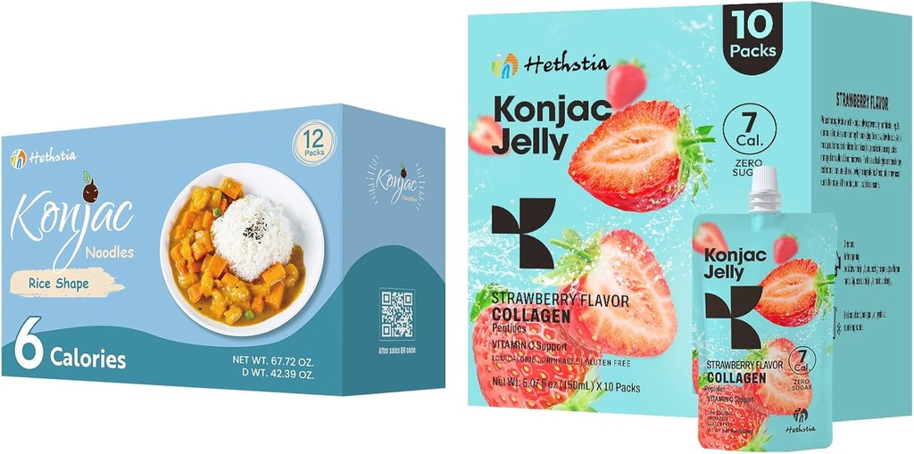 Hethstia Konjac geléia morango sabor com Colágeno Peptídeos 10 Embalagens e Konjac arroz sem glúten 12 Embalagens baixas calorias, Keto, Açúcar Livre, Alimentos saudáveis