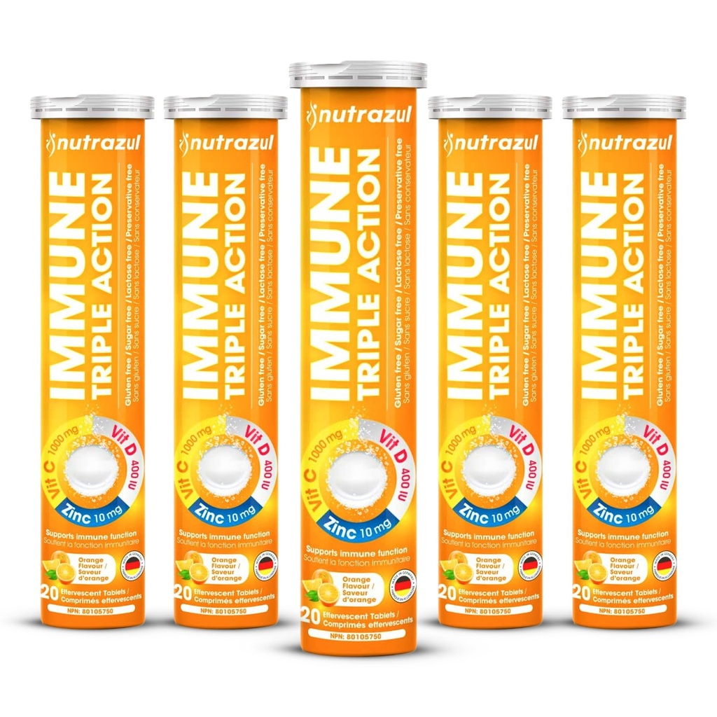 nutrazul Imune Triplo Ação Comprimidos efervescentes com vitamina C 1000mg, Vitamina D, Zinco, Suporte Rotina diária, Sem glúten, Livre de açúcar, Sem lactose, Aroma laranja, 20 Comprimidos (Pacote de 5x20)