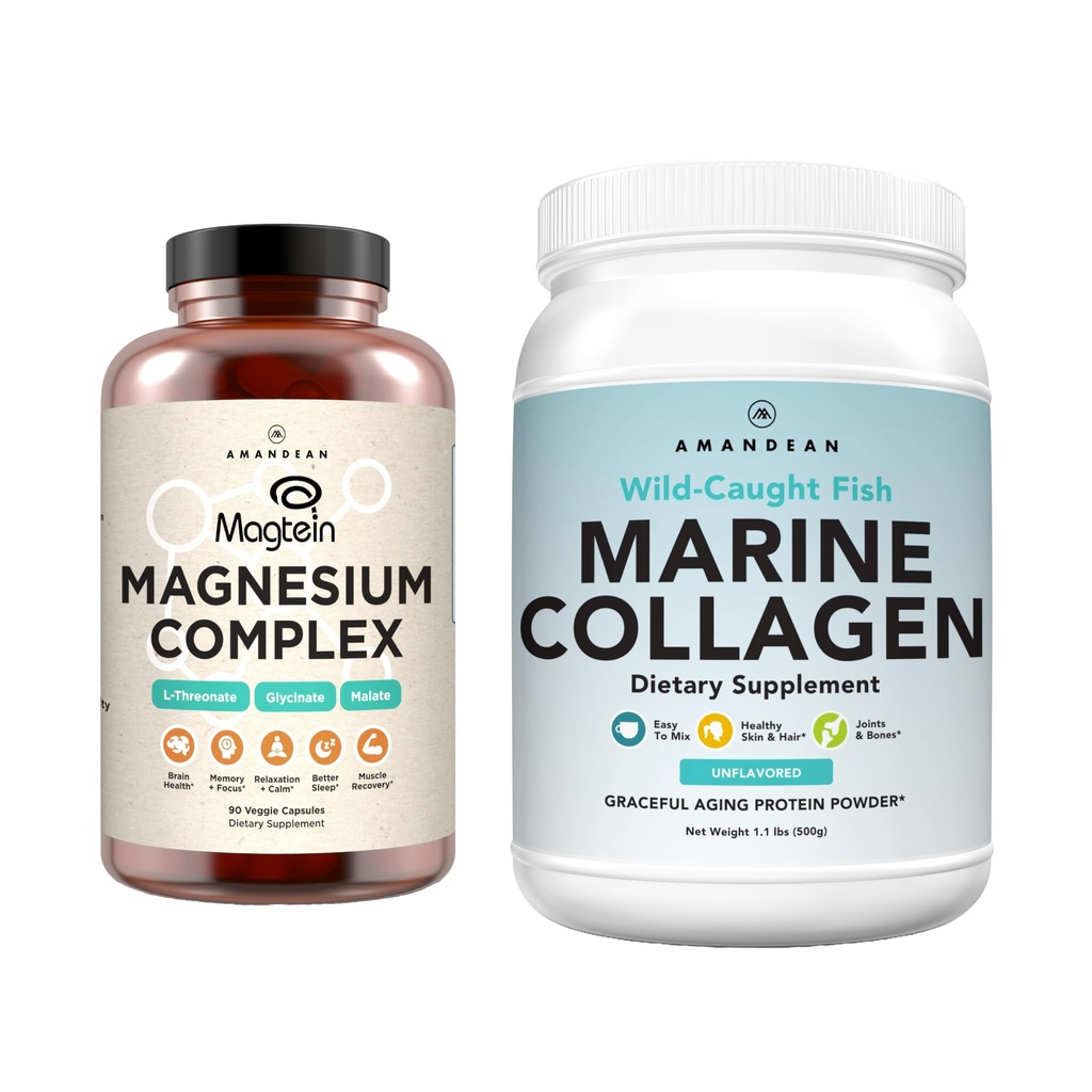 Complexo de Magnésio Premium AMANDEAN & Pacote de Colágeno Marinho. Treonato de Magnésio de Alta Absorção, Glicinato e Malato. Proteína de Colágeno de Peixe Hidrolisada Selvagem. Suporte qualidade sono, pele e humor