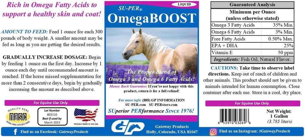 SU-PER OmegaBOOST óleo de peixe para cavalos - Premium Omega 3 e Omega 6 gordura ácido Suplemento - Suporta pele saudável & casaco - 1 galão