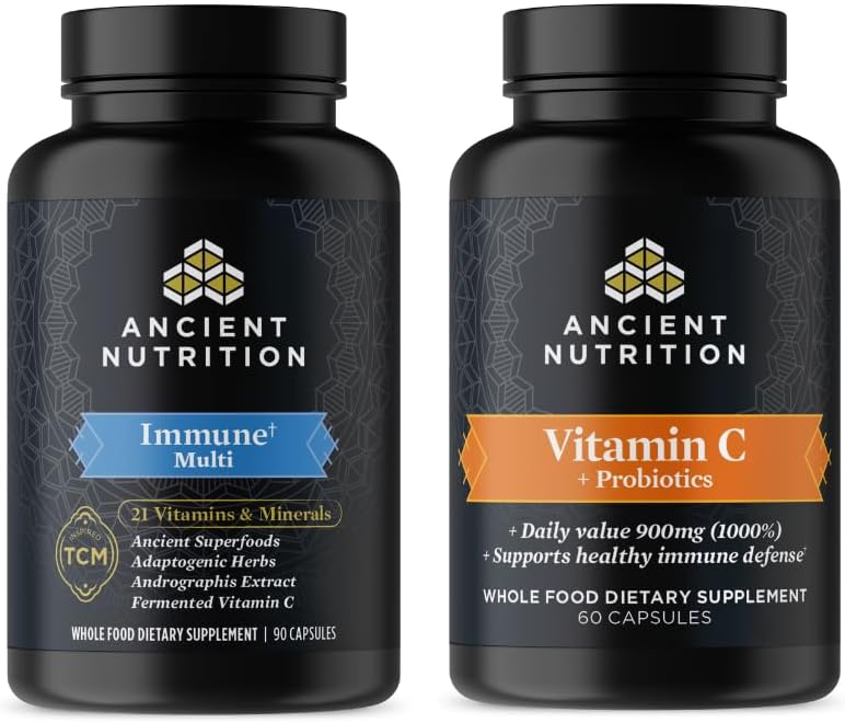 Ancient Nutrition Multi Imune Cápsulas, 90 Count + Vitamina C + Probióticos Cápsulas, 60 Count