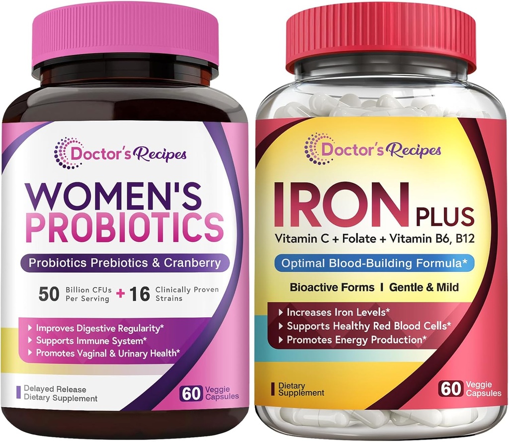 Receitas médicas Probióticos & Ferro feminino Plus Bundle, Saúde Feminina e Apoio ao Sangue, Cápsulas Probiótico 60ct & Cápsulas de Ferro 60 ct