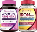 Receitas médicas Probióticos & Ferro feminino Plus Bundle, Saúde Feminina e Apoio ao Sangue, Cápsulas Probiótico 60ct & Cápsulas de Ferro 60 ct