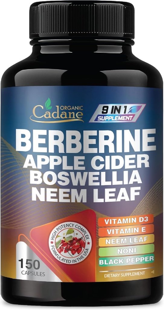 Berberine Suplemento com Folha Neem, Apple Cider Vinagre, VIT D3, E & More - 150 Cápsulas Suporte para Sistema Imune, Digestão e Saúde Geral