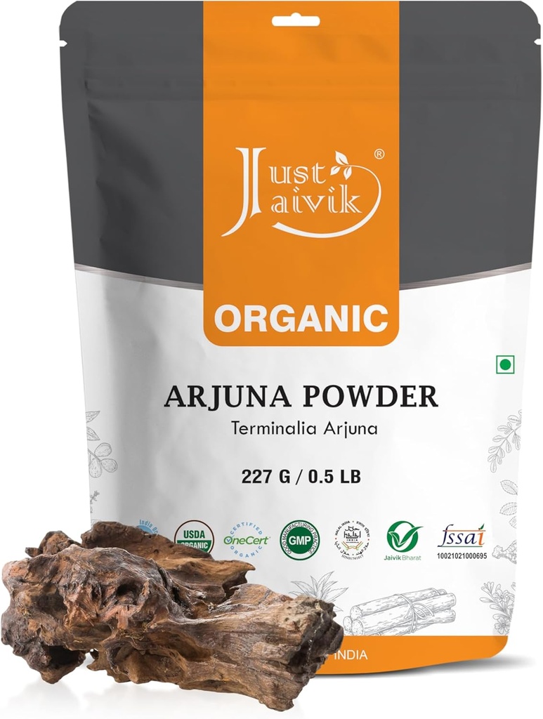 Apenas Jaivik 100% orgânico Arjuna Bark Pó (Terminalia Arjuna) 1/2 LB, 08 oz, 227g USDA certificado orgânico- biodegradável Resealable Zip Lock Pouch tradicional rejuvenescimento e tônico para o coração *
