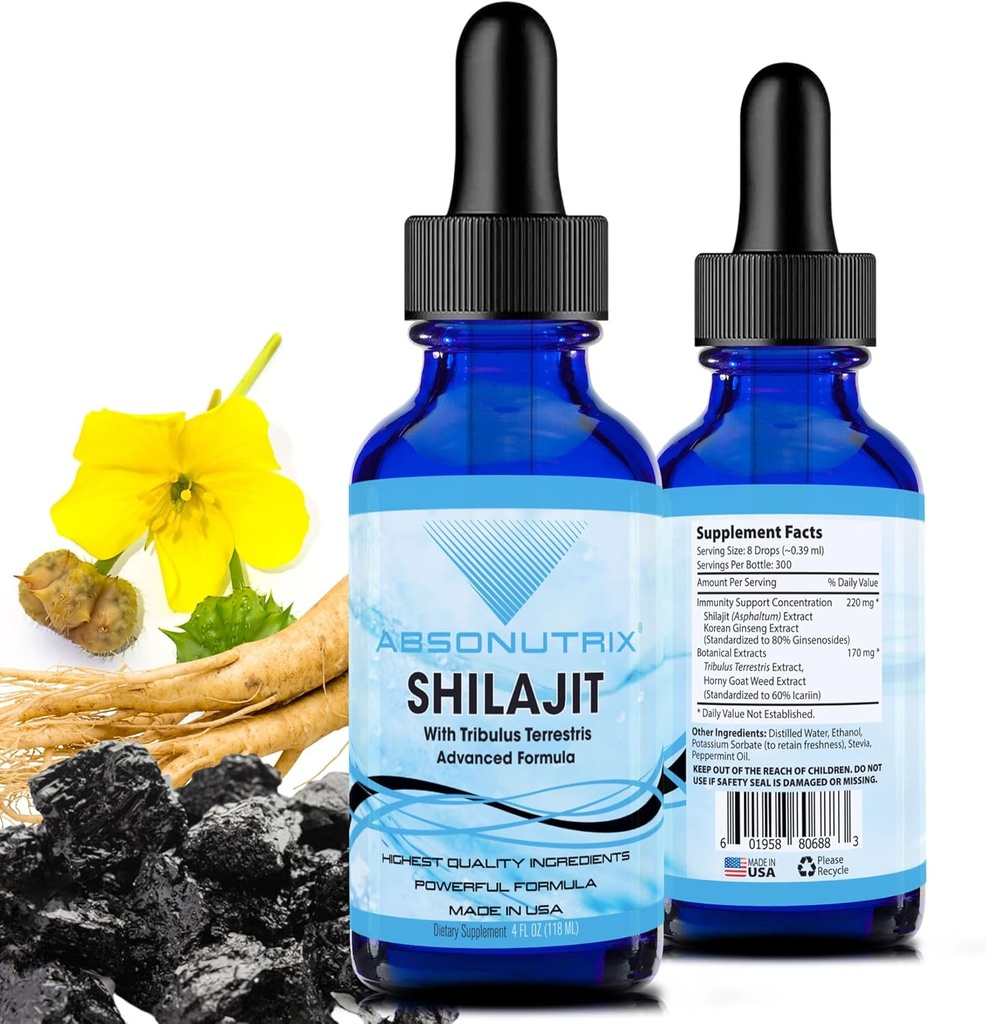 Absonutrix Shilajit com Tribulus Terrestris 390 mg, 4 Oz Liquid, 300 Servings, Made in USA, Quick Absorction, Quality Potent Ingredients, Non-GMO, GMP Certified Facility, Cruelty-free Products
