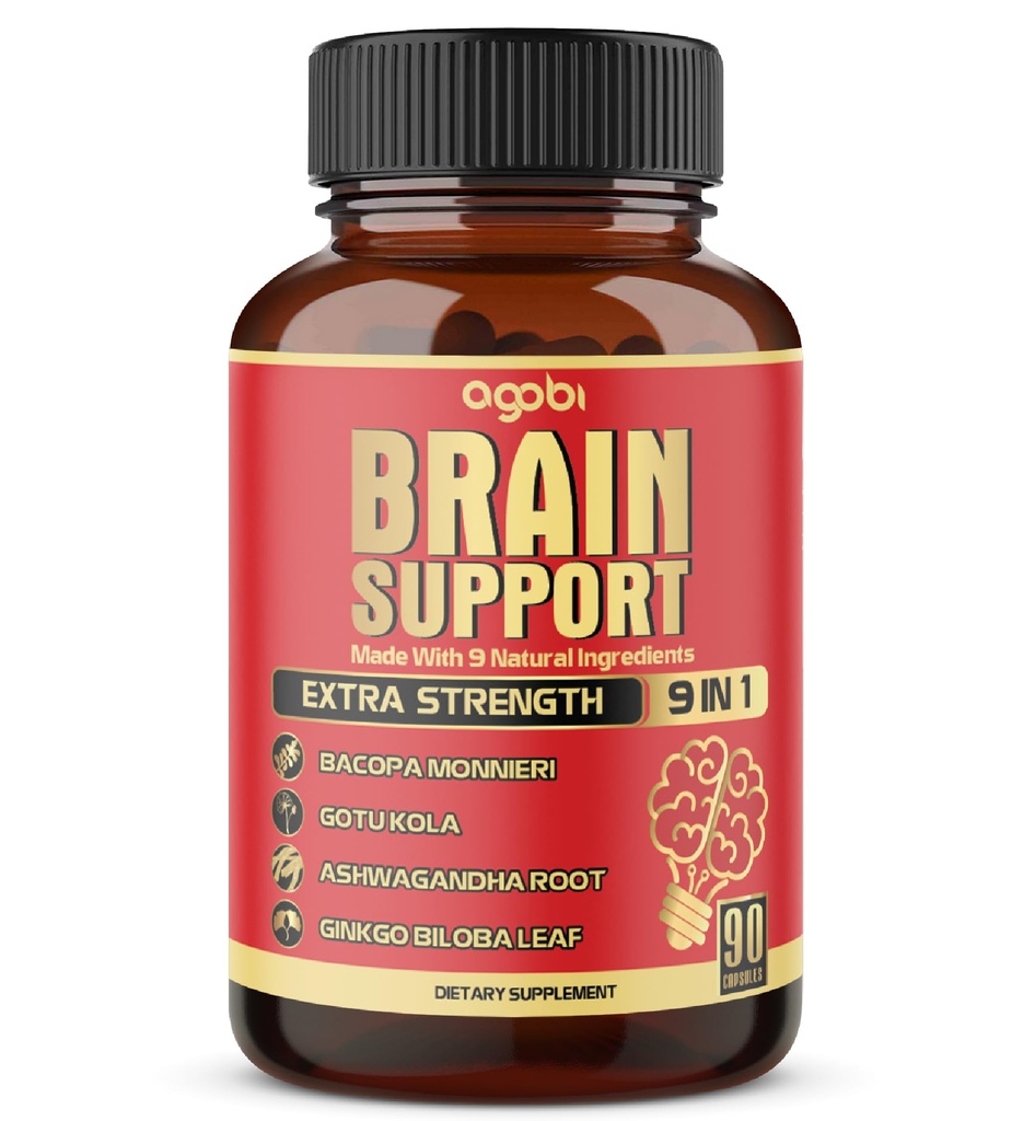 9in1 Suplemento de suporte cerebral - raiz concentrada de Ashwagandha, pó de Gotu Kola, pó de Bacopa Monnieri e mais - 90 cápsulas - 3 meses de fornecimento