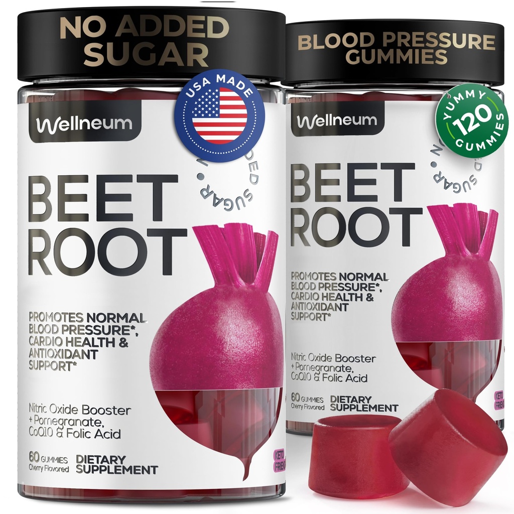 Beterrabas para alta pressão sanguínea 120 Pcs (2 Pack) - raiz de beterraba mastiga com pó de suco de romã - pastilhas de óxido nítrico para energia, Cardio Saúde - Gummy Suplemento para homens e mulheres - Açúcar grátis