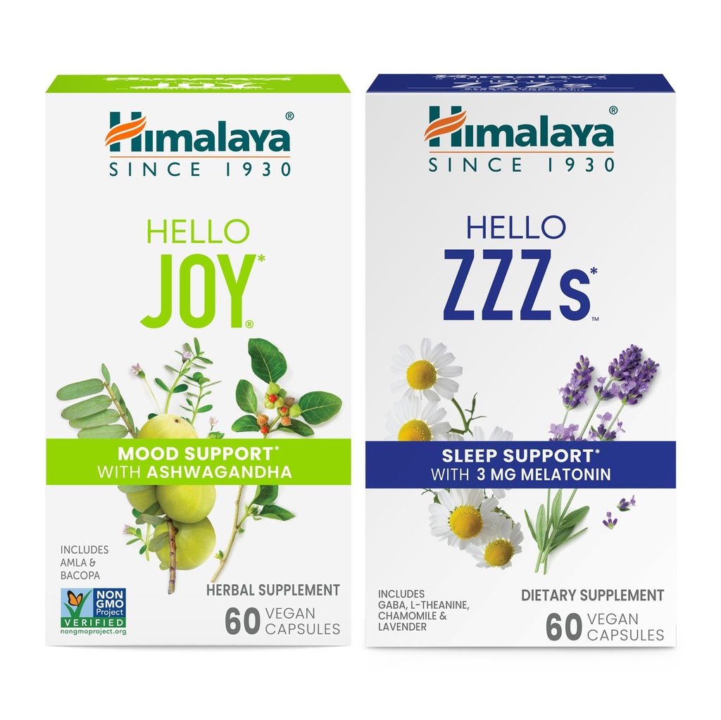 Himalaya Olá alegria com Ashwagandha para melhorar o humor e os espíritos e Olá ZZZs com Melatonin para apoio ao sono, 60 cápsulas cada - Bundle