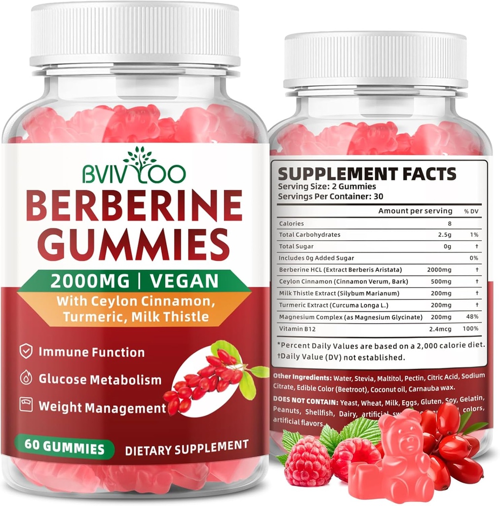 Premium Berberine Gummies, 2000mg Suplemento Berberine de alta potência, além de canela de ceilão, cardo de leite para mulheres e homens, sistema imunológico e suporte ao metabolismo - 60 chicletes