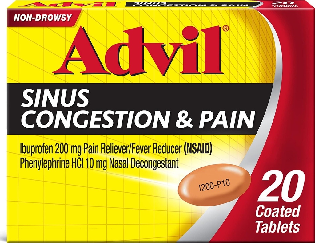 Advil Sinus Congestion and Pain, Sinus Relief Medicine, Pain Reliever and Fever Redutor com Ibuprofeno e fenilefrina HCl - 20 comprimidos revestidos