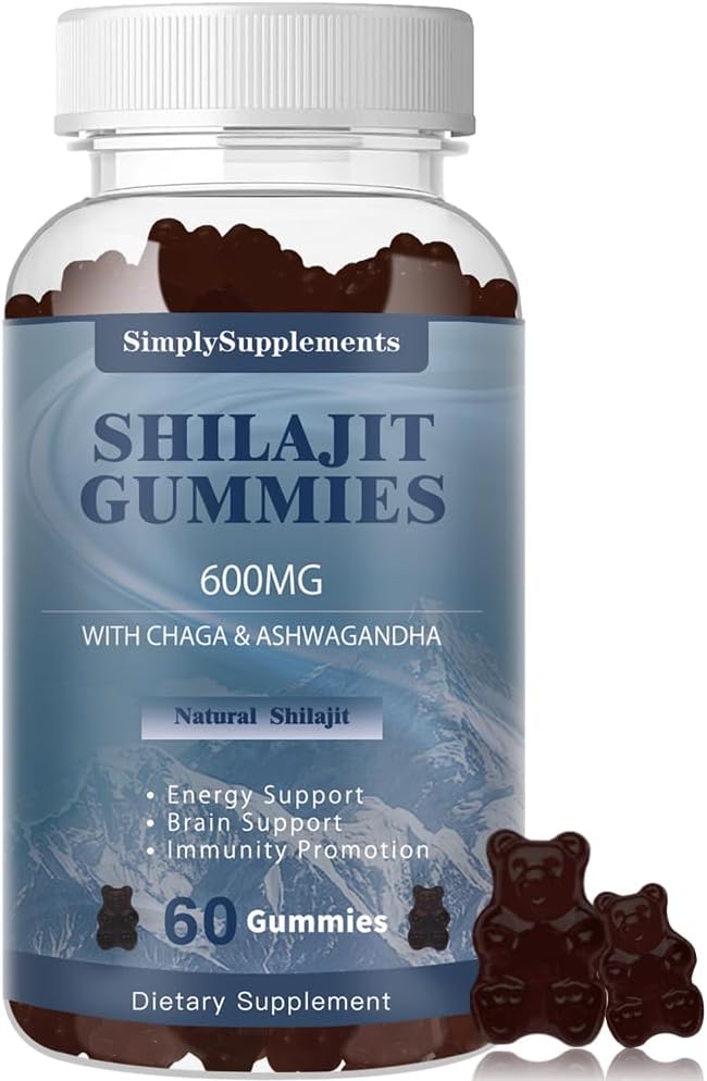 Shilajit Gummies com Ashwagandha e Chaga para Homens e Mulheres - Suplemento Shilajit com Trace Minerals & Fulvic Acid for Energy and Immunity Support, 60 Gummies