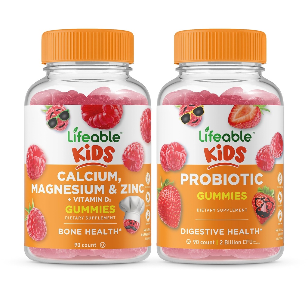 Crianças com magnésio e zinco de cálcio vitalício + Probiótico 2 bilhões de UFC Crianças, chicletes Bundle - Grande degustação, Suplemento Vitamina, Sem glúten, GMO Grátis, Gummy mastigável
