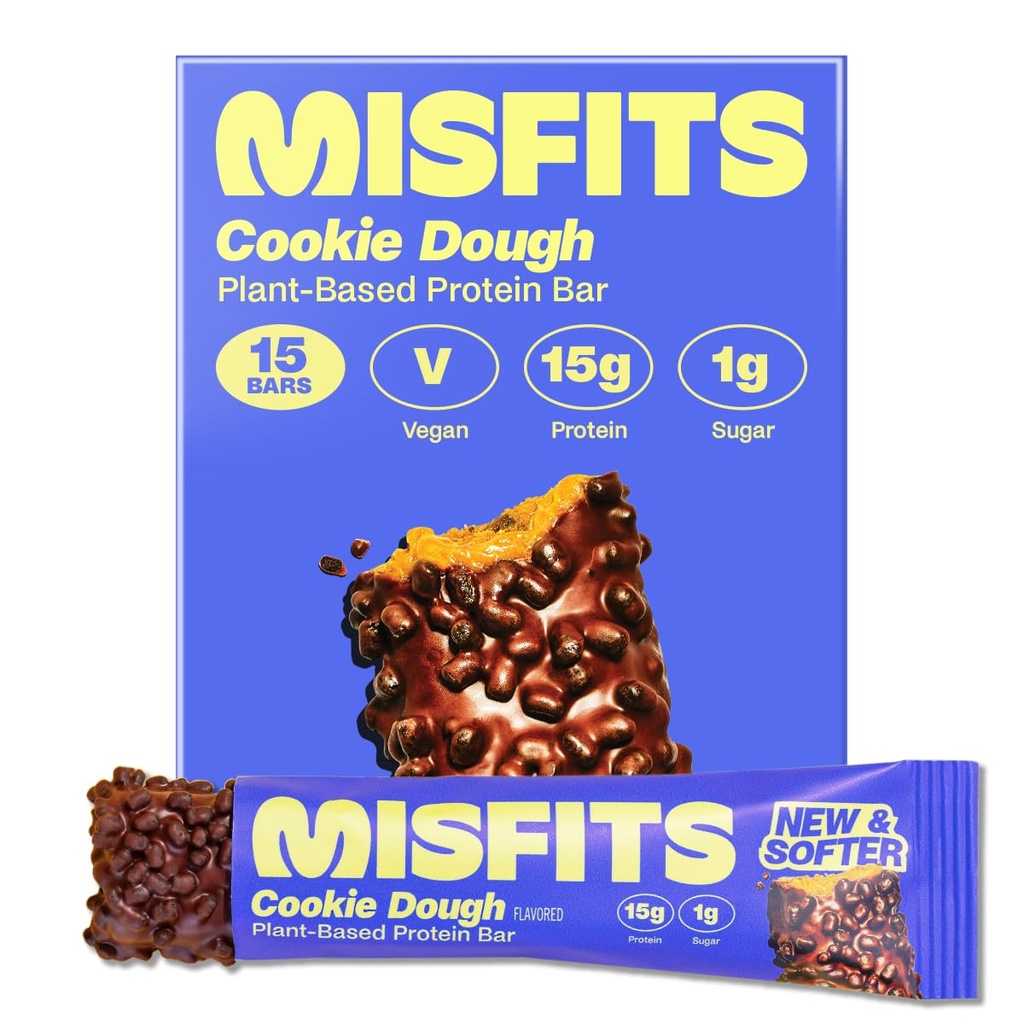 Misfits Vegan Protein Bares, Cookie Dough - Receitas atualizadas - Planta com base, Baixo açúcar & carboidrato, Snacks de alta fibra de 15
