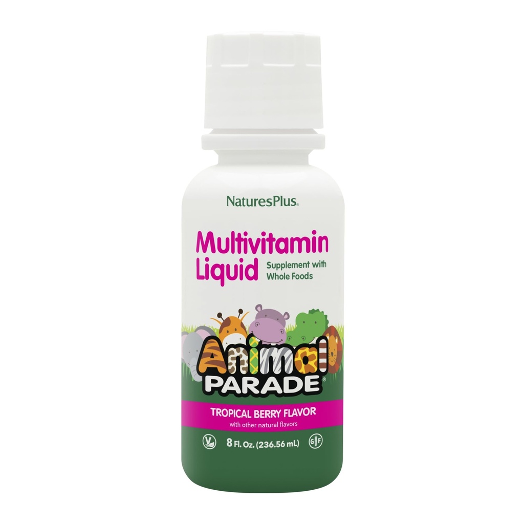 NaturezasPlus Animal Desfile Multivitamínico Líquido Infantil - Flor de Berry Tropical - 8 fl oz - Suplemento Alimentar Integral - Vegetariano, Glúten Grátis - 16 Servimentos