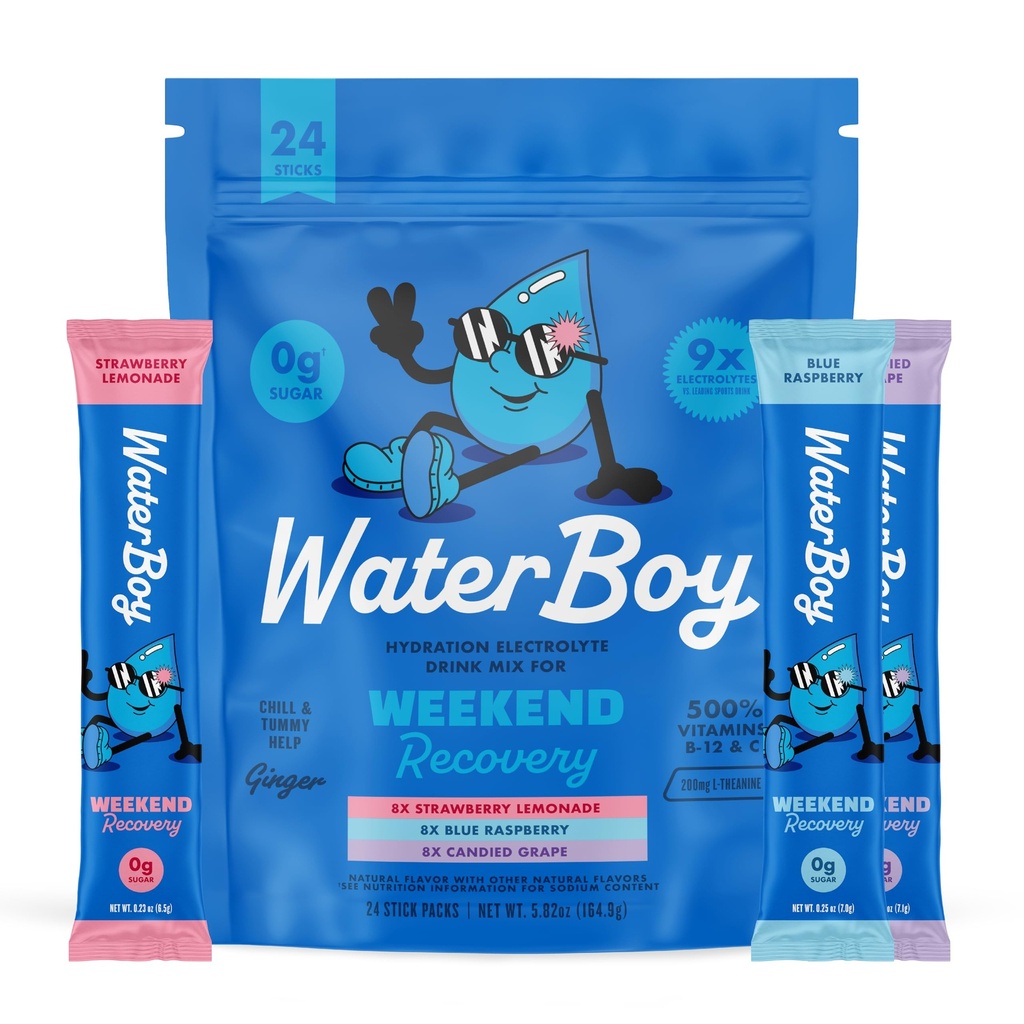 Waterboy Weekend Recuperação Variedade de 3,200mg Electrolyte Powder Packets (Ginger + L-Theanina + Vitaminas) Sem açúcar, Tudo Natural, Glúten Livre  , 24 Misturas de Variety Stick (Pacote Variety)