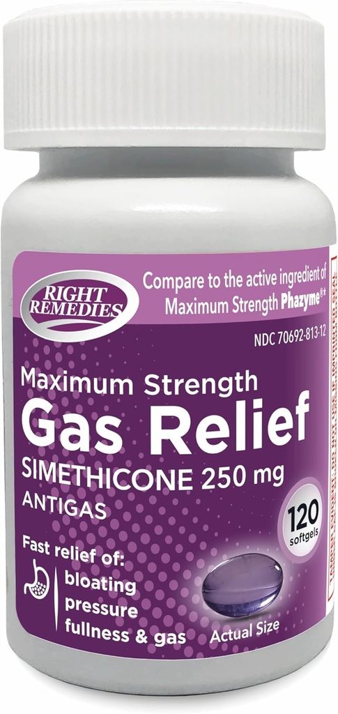 Resistência máxima de alívio de gás, Simethicone 250 mg, (120 Softgels), alívio rápido de gás, inchaço, plenitude, desconforto doloroso, comparar com a força máxima Phazyme Ingrediente ativo
