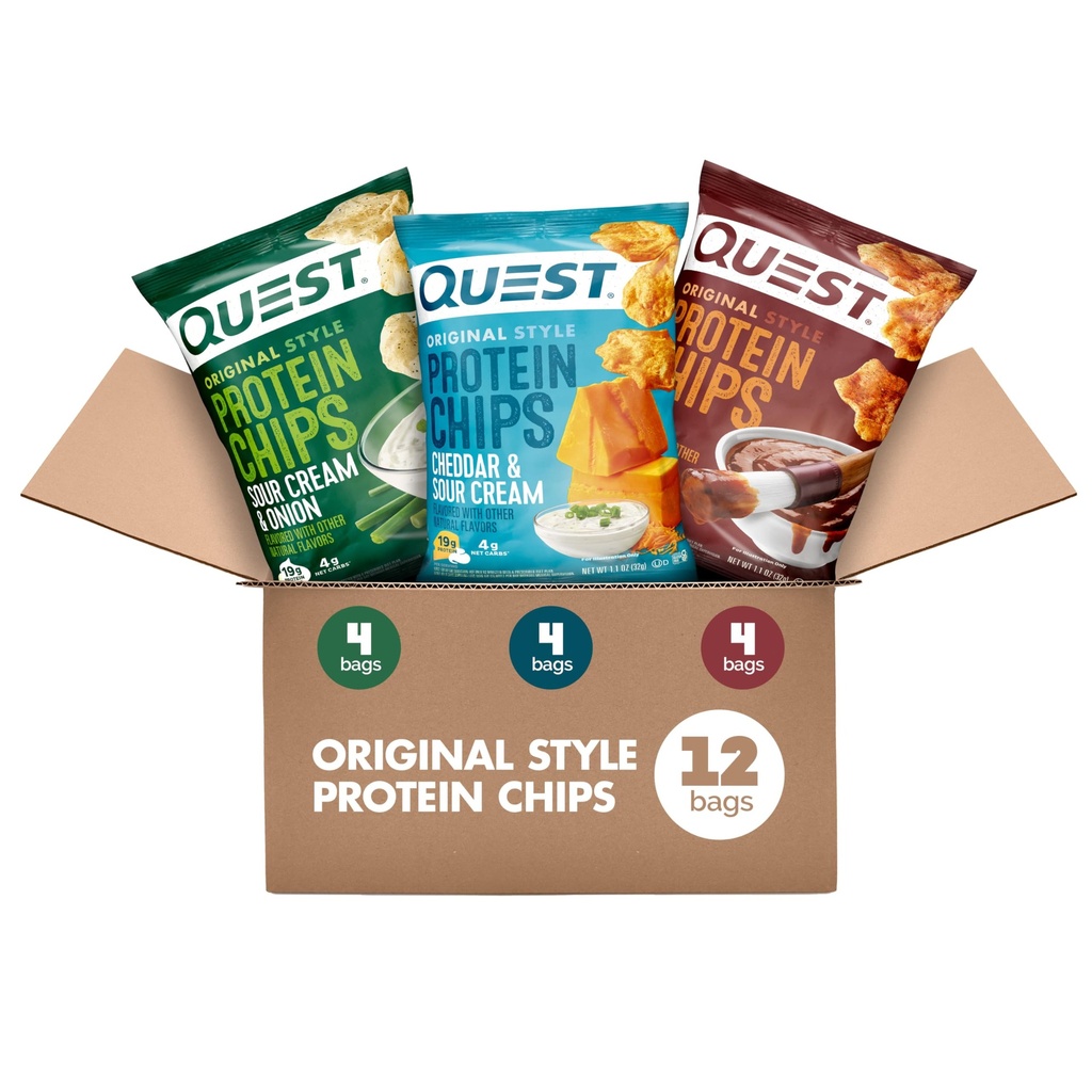 Quest Nutrition Protein Chips Variety Pack, BBQ, Cheddar & Creme Azedo, Creme Azedo & Cebola, Alta Proteína, Baixo Carbo, 1,1 oz (Pack de 12)