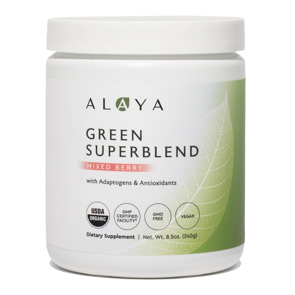 Alaya Organic Super Greens Powder - Premium Green Juice Superfood Supplement Powder - Adaptogens, Antioxidantes & Probióticos Mistura - USDA Organic, Non-GMO, Vegan - 30 Servings (Mistured Berry)