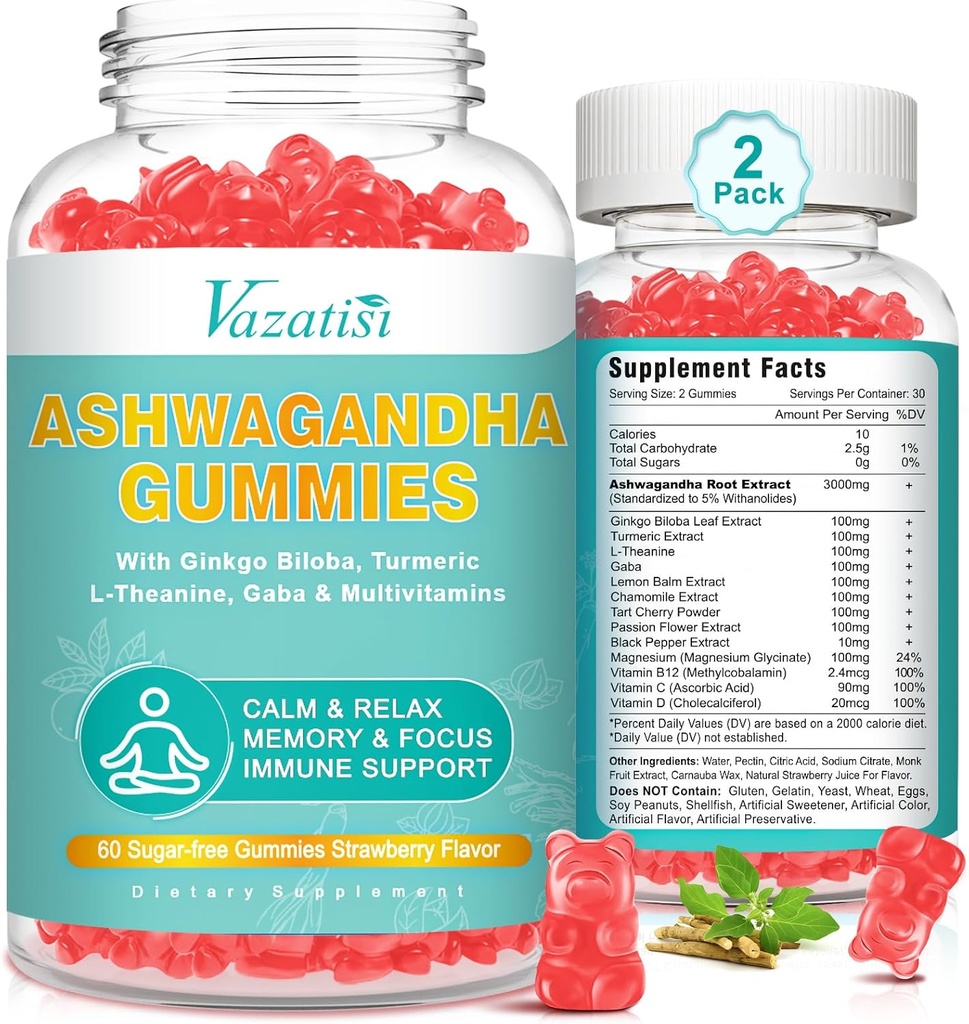 2 Pacote Ashwagandha Gummies com energia de humor GABA Cúrmica e apoio imune, morango sabor 120 Cts