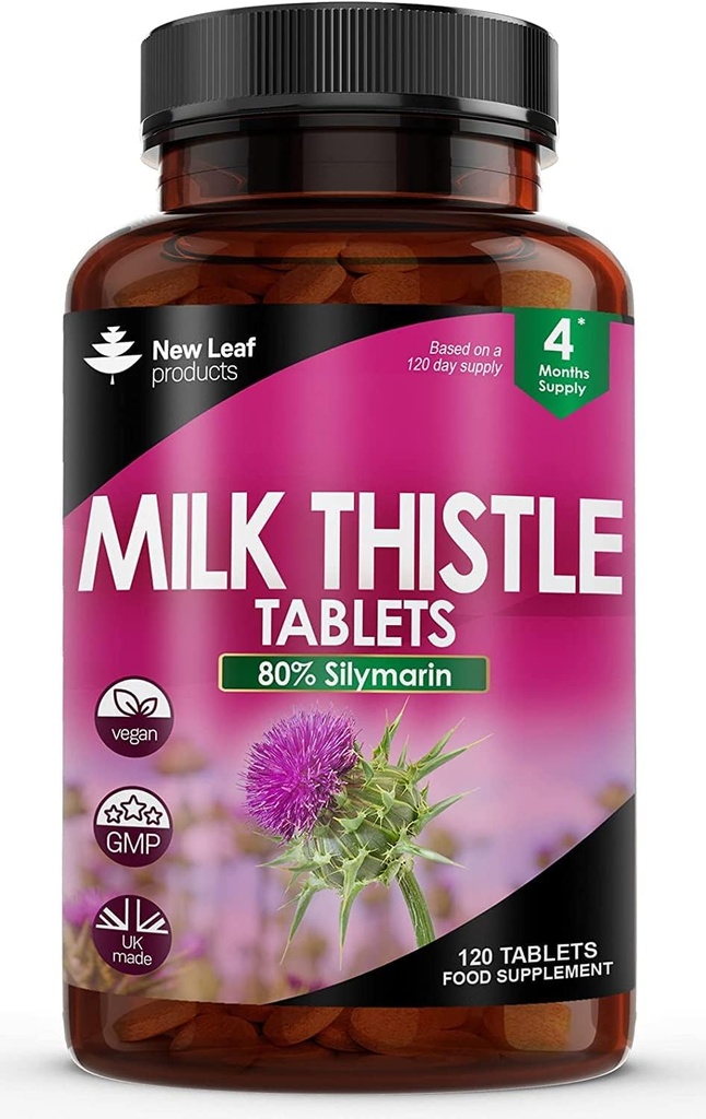 New Leaf Products Milk Thistle 1000mg Comprimidos (4 Mês de Fornecimento) Alta resistência 2000mg 80% Silymarin, Tablets Vegan, GMO-Free, Gluten-Free 120 Comprimidos