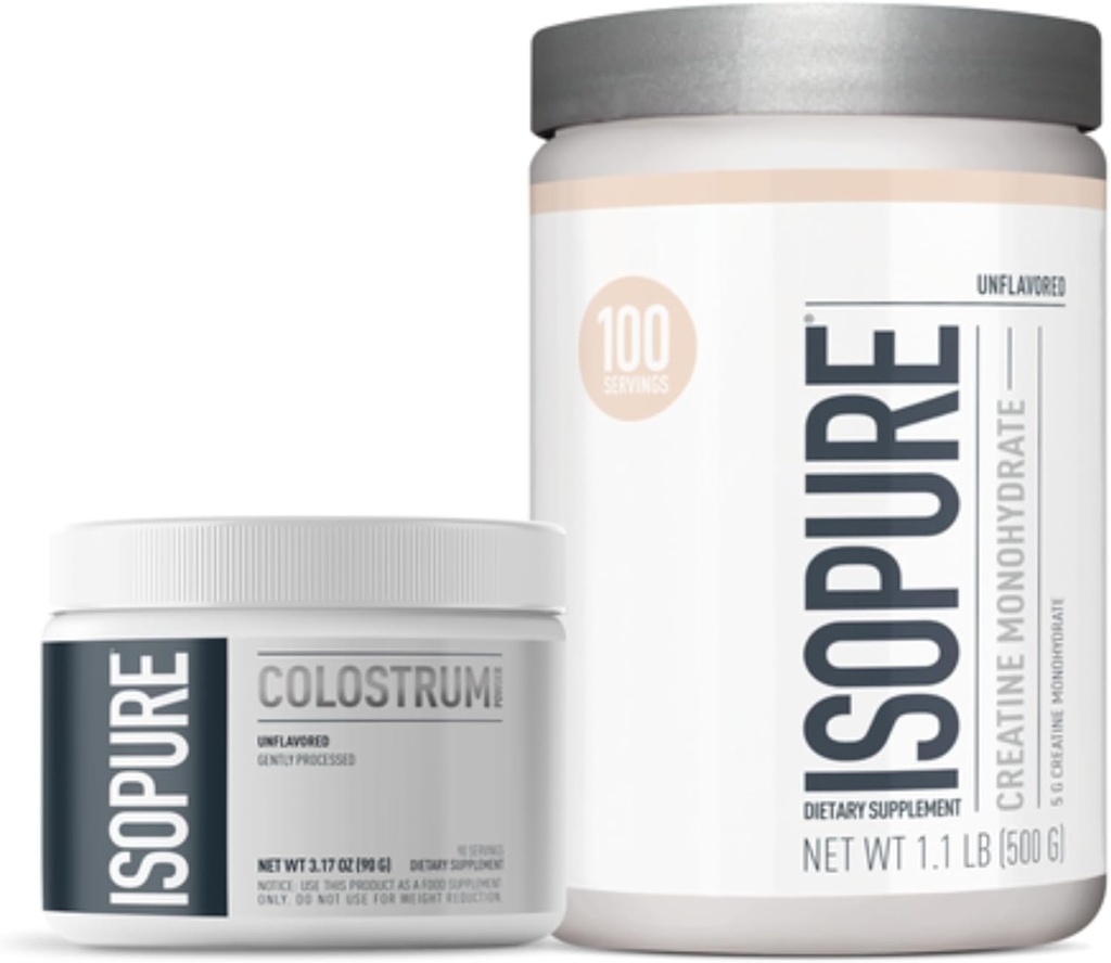 Embalagem de Isopure Bovine Colostro Supplement Powder, Gentilmente Processado, 90 Servings + Isopure Creatina não aromatizada Monohidrato Powder, 5g Creatina Monohidrato por Scoop, 100 Servings, 500g