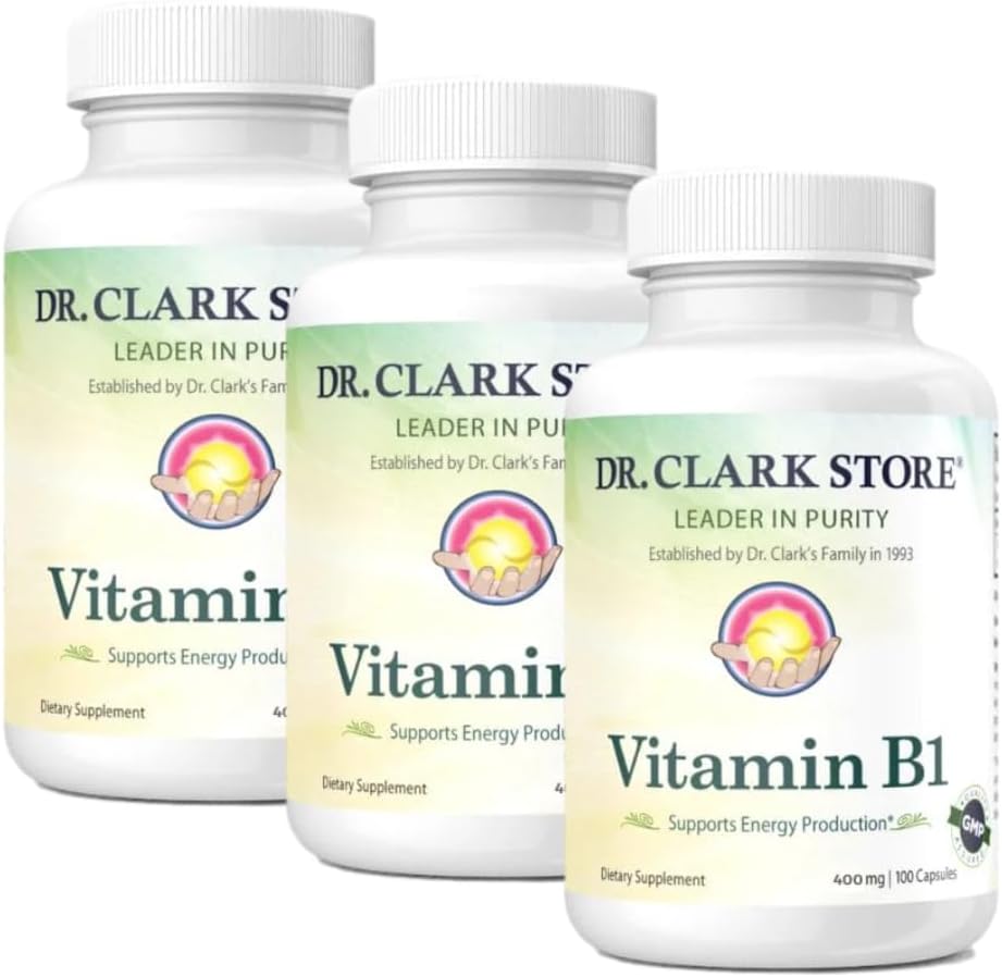 Bernard Jensen's Dr. Clark Store Vitamina B1 Thiamine 500mg Suplemento -Thiamine B1 Suplemento para Sistema Nervoso Saudável e Metabolismo Energético, Sem Glúten, Lacticínios Grátis - 100 Cápsulas Gelatina 3Pack