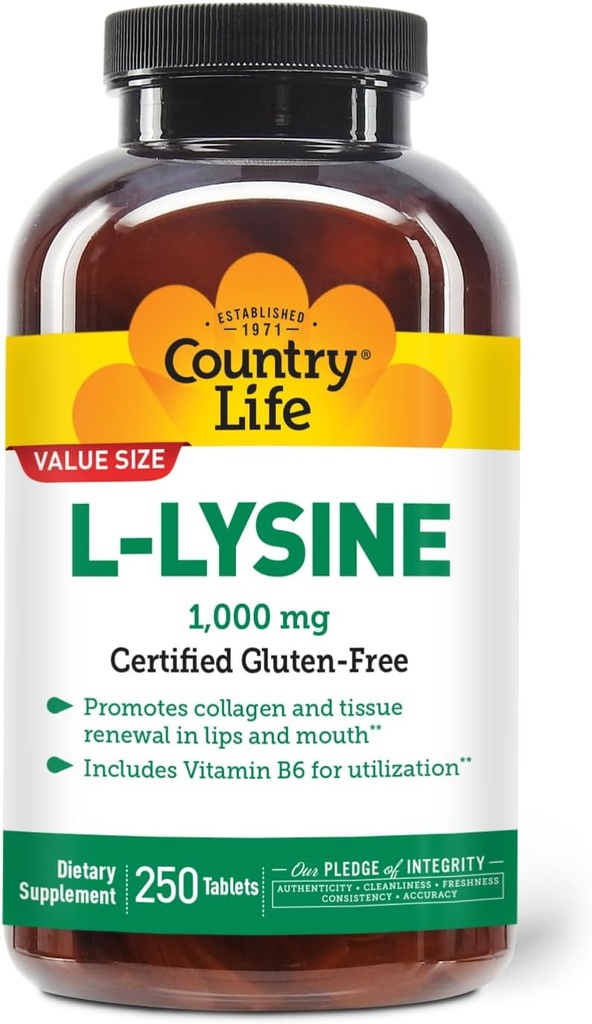 País Vida L-Lysine 1000mg com B-6, Suporta Saúde Imune, Promove Renovação de Colágeno em Lábios e Boca, 250-Conta, Certificado Glúten Livre, Certificado Vegan