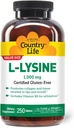 País Vida L-Lysine 1000mg com B-6, Suporta Saúde Imune, Promove Renovação de Colágeno em Lábios e Boca, 250-Conta, Certificado Glúten Livre, Certificado Vegan