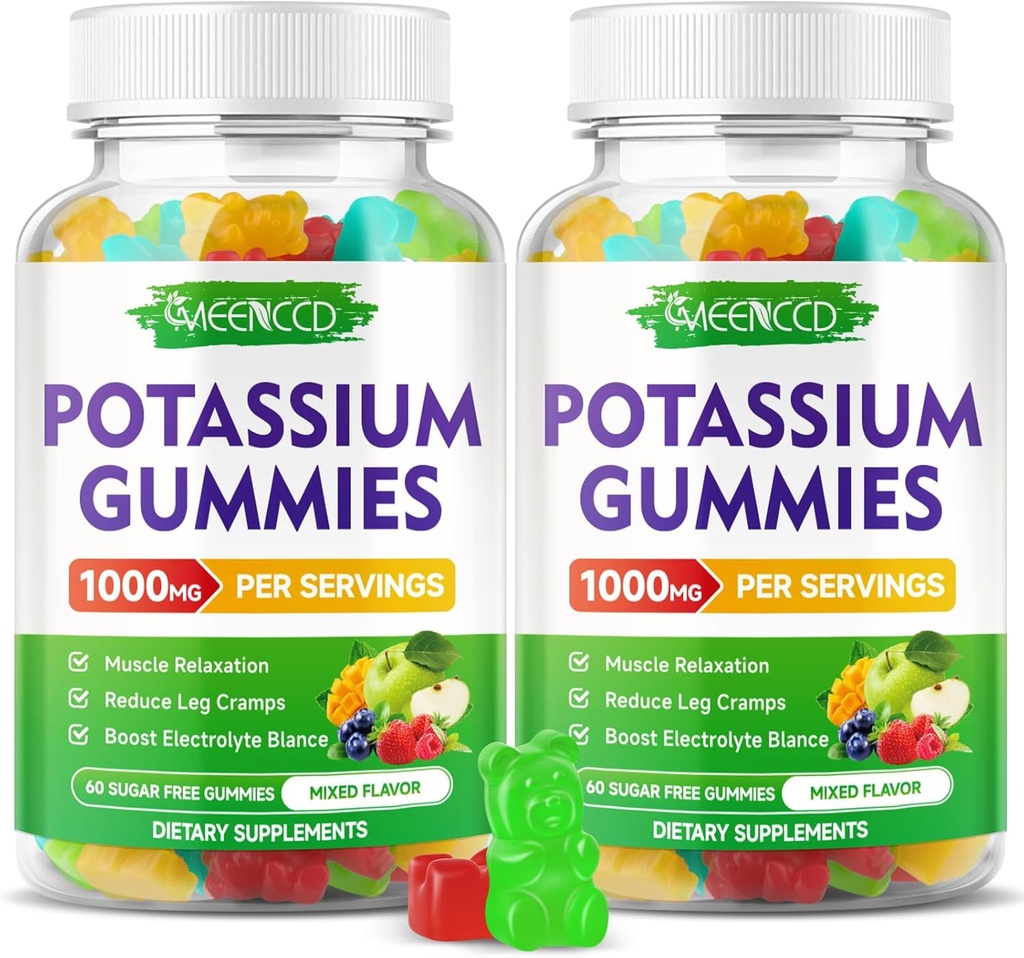 Gummies de citrato de potássio 1000mg, pastilhas de alta potência Suplemento de potássio para adultos Mulheres e homens, Cães de apoio perna & saúde muscular, sem açúcar, sabor de fruta misturado, 120 contagem