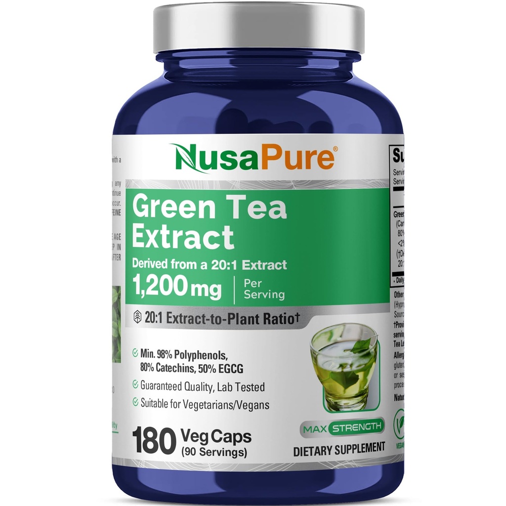 NusaPure Green Tea 20:1 Extrato, 1200 mg Equivalente a 24000mg, 180 Cápsulas Vegan, 50% EGCG, 98% Polifenóis, 80% Catechins