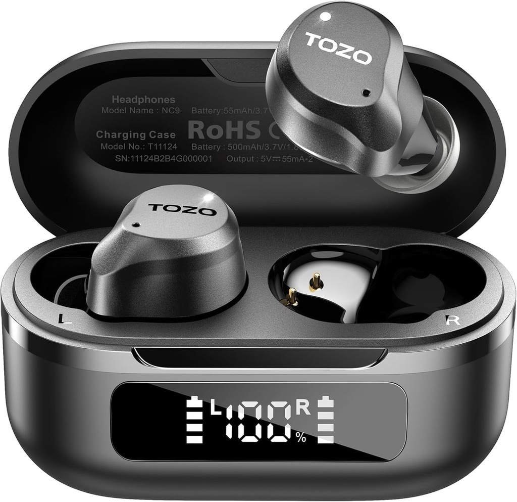 TOZO NC9 Hybrid Ativo Ruído Cancelando Earbuds Wireless, 6 Mics ENC Clear Call, IPX8 Impermeável, no ouvido Bluetooth 5.3 Auscultadores Estereo Baixo Orelha Buds 59H Tempo de jogo com LED Display 32 EQs via APP
