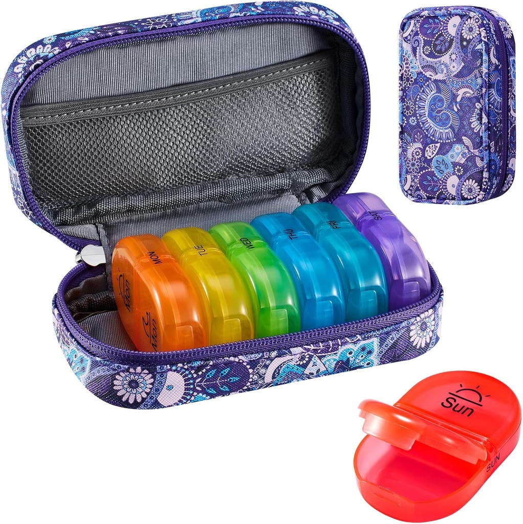 Serfeymi Organizador de pílulas de viagem semanal 2 vezes um dia AM PM Atualizado Rainbow Pill Box 7 dia com Zipper portátil PU Caixa de pílulas de couro, Medicina Organizador de pílulas, vitaminas, óleo de peixe - Roxo-01