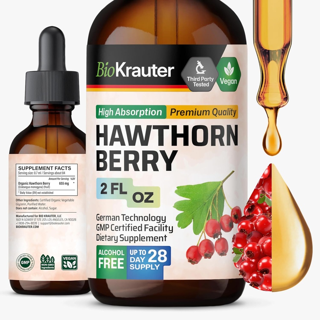 BIO KRAUTER® Hawthorne Berry Supplement - Puro Vegan Hawthorn Berry Liquid Drops 655 mg por serviço 2 Fl.Oz 28 Dias de Abastecimento - Usado para apoio geral e bem-estar diário - Álcool e açúcar livre