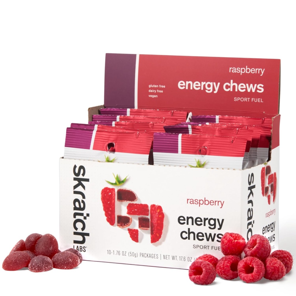 Skratch Labs Energy Chews Gummies for Running, Cycling, and Sports Performance - Gel Alternativa - Framboesa (10 Pack) - Gluten Free, Vegan