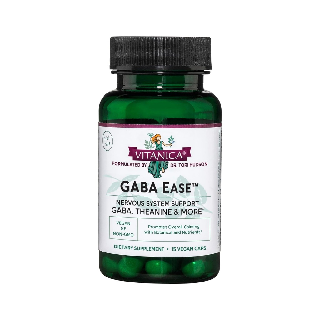Vitanica GABA Facilidade - GABA & L-Theanina Suplemento para calma e relaxamento Suporte - Suplemento de Saúde da Mulher com GABA, Passionflower, lúpulo, Crânio & L-Theanina - Linha de consumo - 15 Caps Vegan