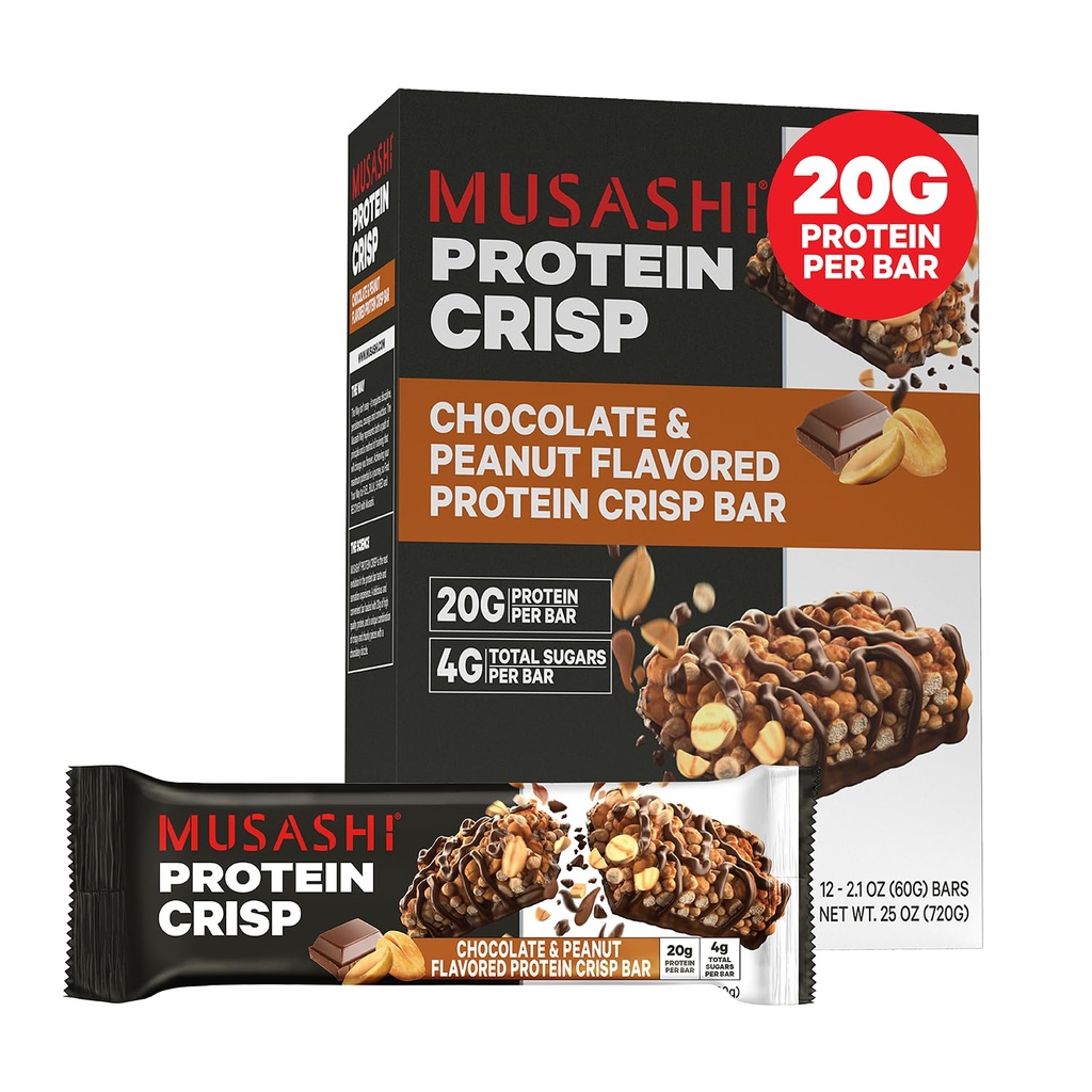 MUSASHI Protein Crisp Bar, 20g Protein, 4g Total de Açúcares, Chocolate & Amendoim, Pós-treino e Lanche no Go, 12 Pack de 2.1oz (60g) Bares