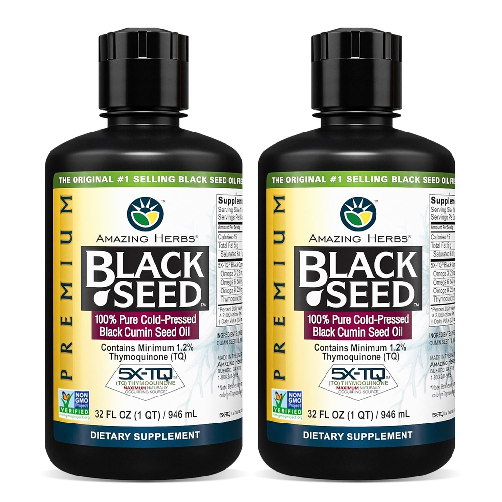 Amazing Herbs Premium Black Seed Oil - Frio Pressed Nigella Sativa Aids em Saúde Digestiva, Suporte Imune, Função Cérebro, Mobilidade Conjunta, Glúten Livre, Não GMO - 32 Fl Oz (Pacote de 2)