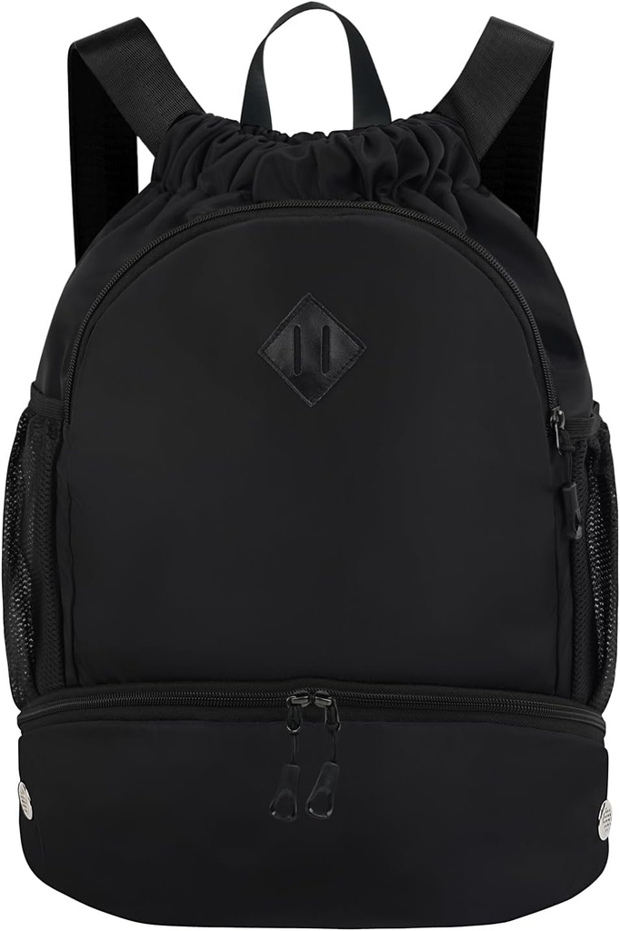 Backpack Backpack Fitness Backpack com compartimento de sapatos para homens Mulheres String Sports Bag com Wet Pocket Cinch Swim Beach Bag, Preto (Patent Pending)