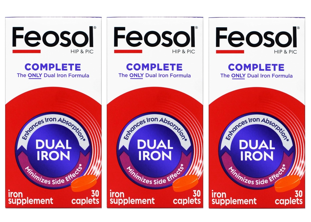 Feosol Bifera HIP & PIC Suplemento de Ferro, Completa - 30 Caplets, Embalagem de 3