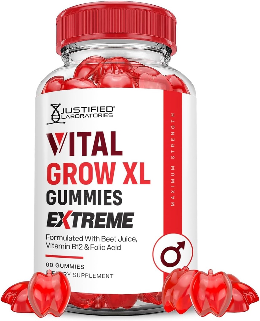 Laboratórios justificados Vital Grow XL Extreme 2000MG Gummies Performance Fórmula avançada Formulado com ACV Pomegranate Juice Beet Powder B12 Vegan Non GMO 60 Gummys